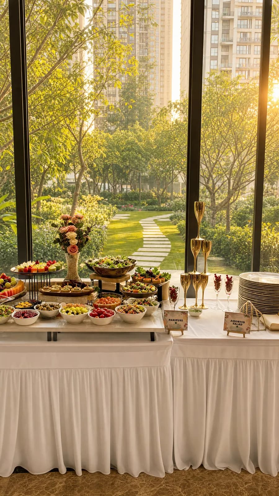 Buffet styled in golden-hour light