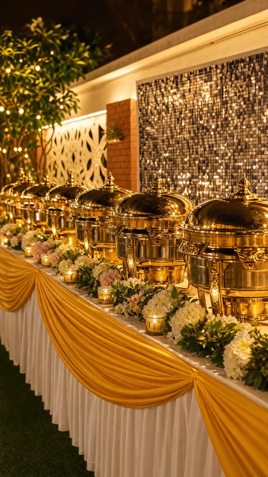 ZOVRYN culinary experience buffet line in brass and gold