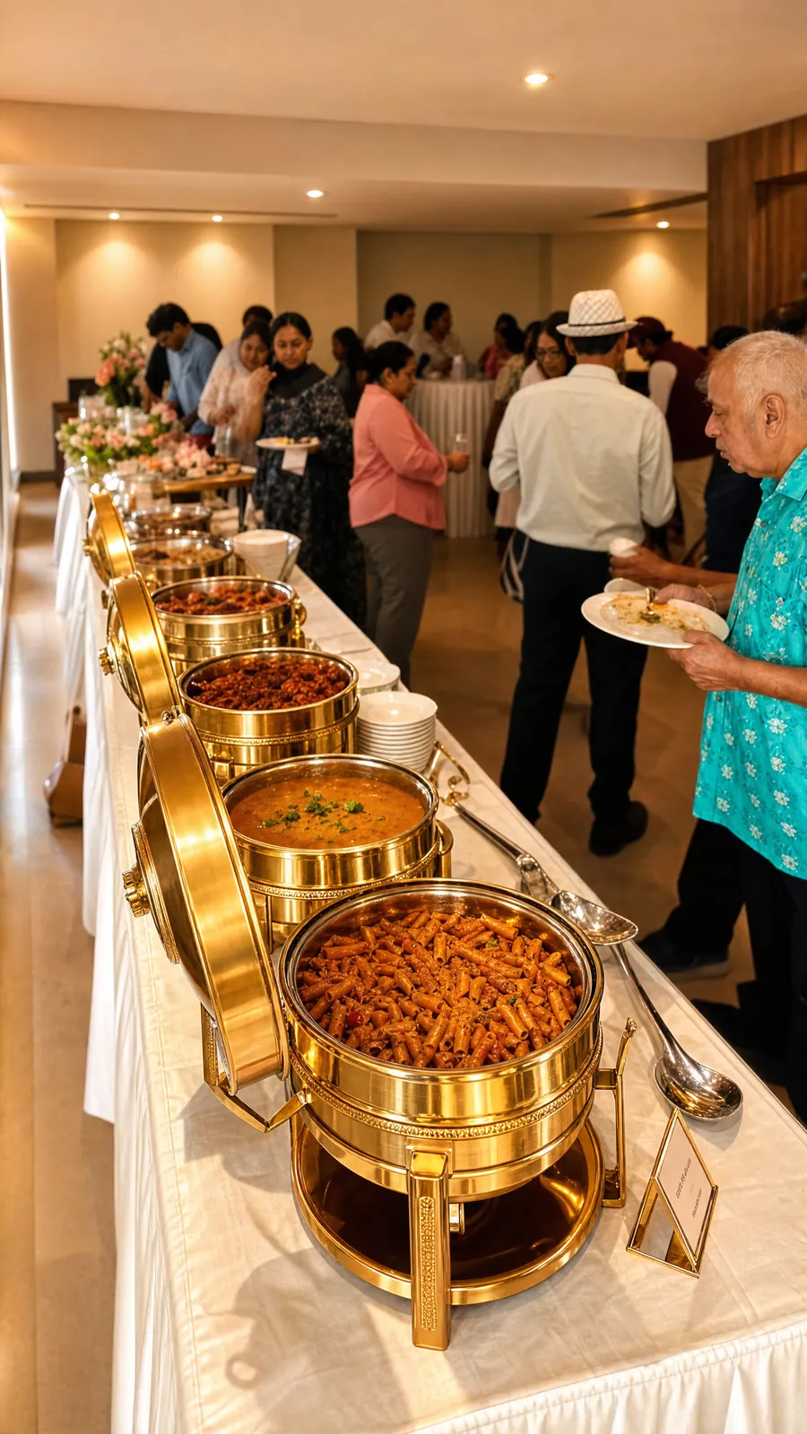 Long buffet with brass chafing dishes