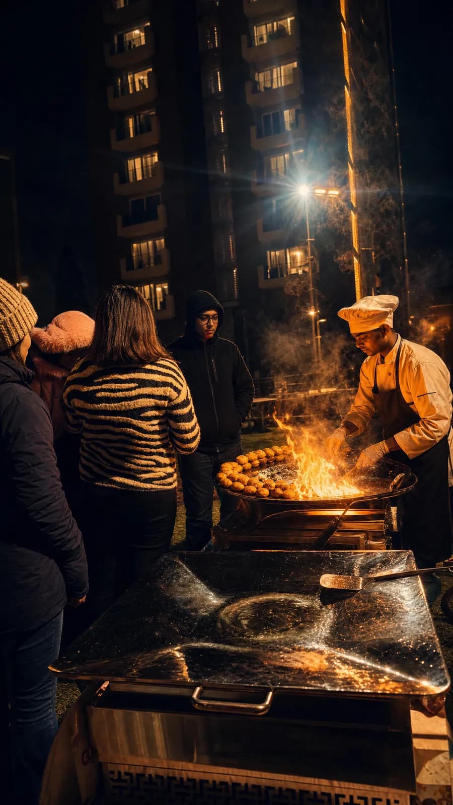 Chef cooking over flame at night
