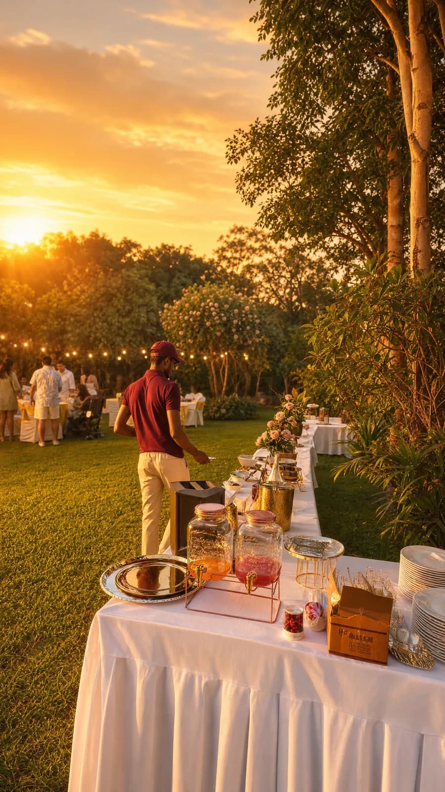 Golden-hour lawn house party catering by ZOVRYN