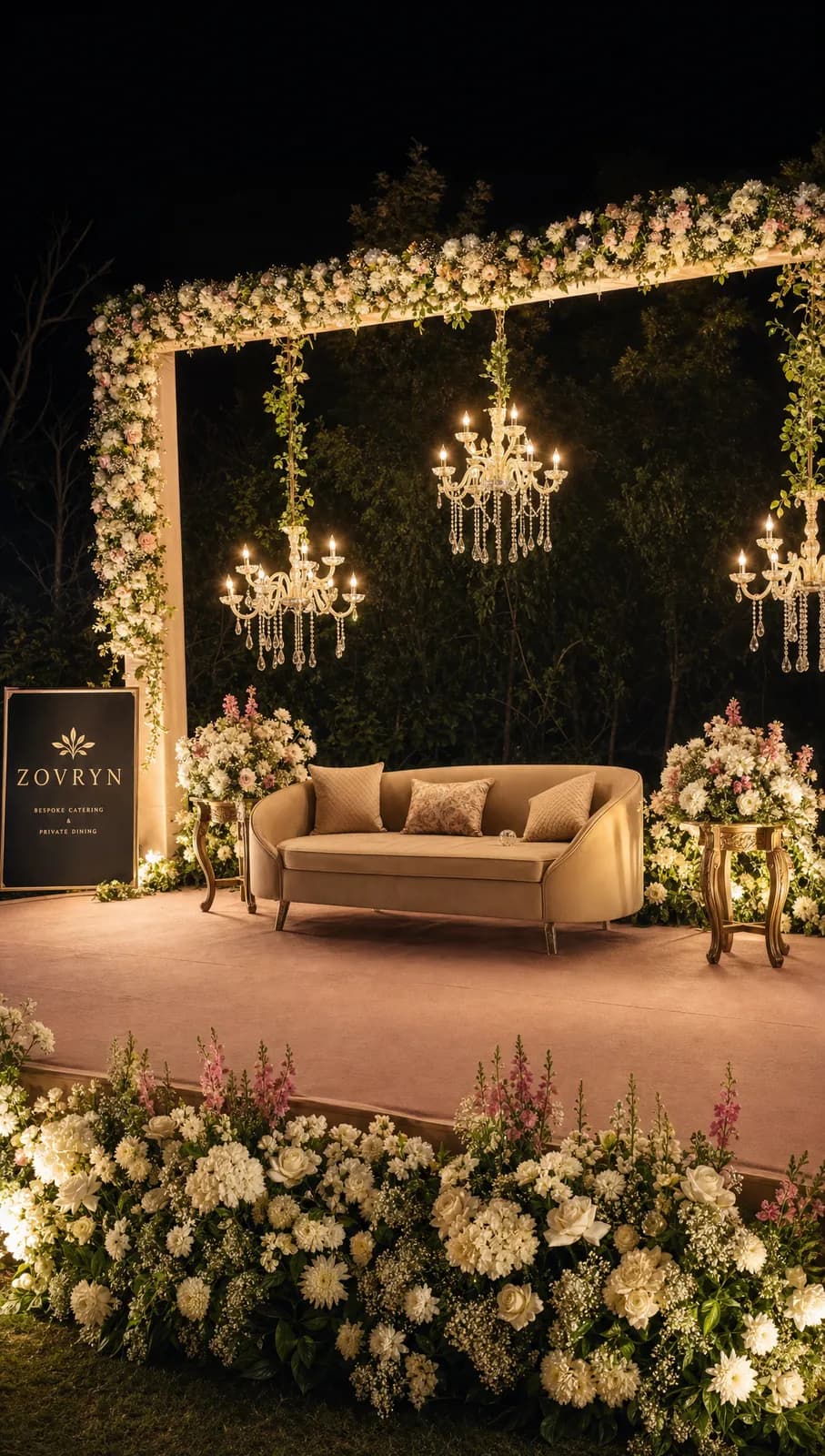 Wedding stage with chandeliers