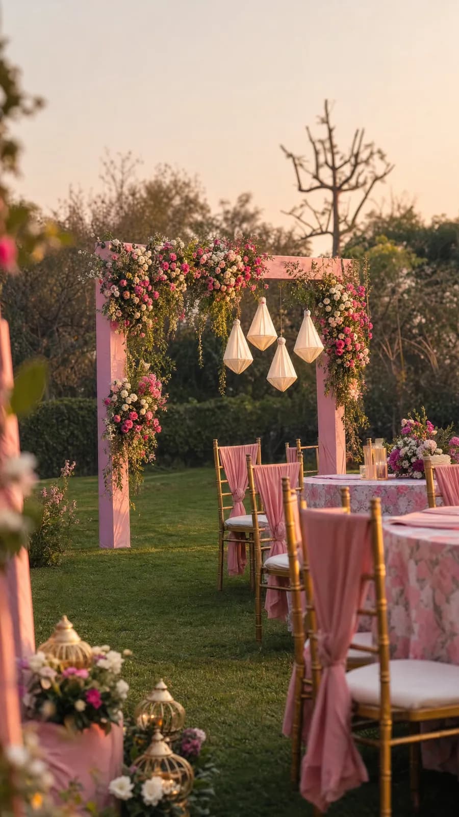 Pink floral arch with chiavari chairs